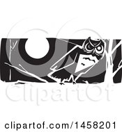Poster, Art Print Of Woodcut Styled Owl On A Branch At Night In Black And White