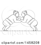Poster, Art Print Of Match Between Sumo Wrestlers In Black And White Lineart Style