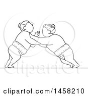 Clipart Of A Match Between Sumo Wrestlers In Black And White Lineart Style Royalty Free Vector Illustration by patrimonio