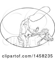 Clipart Of A Roping Cowboy With A Lasso On Horseback In Sketched Black And White Style Within An Oval Royalty Free Vector Illustration