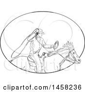 Clipart Of A Roping Cowboy With A Lasso On Horseback In Sketched Black And White Style Within An Oval Royalty Free Vector Illustration