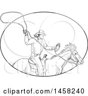 Poster, Art Print Of Roping Cowboy With A Lasso On Horseback In Sketched Black And White Style Within An Oval