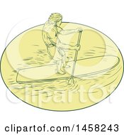 Poster, Art Print Of Man Paddle Boarding In A Yellow Oval In Sketch Style