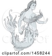 Poster, Art Print Of Beautiful Mermaid Holding A Flower In Sketch Style