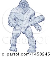 Poster, Art Print Of Bigfoot Or Sasquatch Holding A Club In Blue Sketch Style