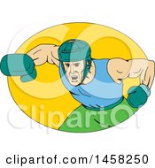Poster, Art Print Of Male Boxer Fighter Hitting A Knockout Punch In A Yellow Oval In Sketched Drawing Style