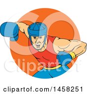 Poster, Art Print Of Male Boxer Fighter Hitting An Overhead Punch In An Orange Circle In Sketched Drawing Style