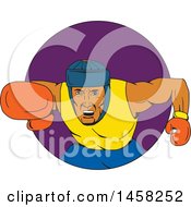 Poster, Art Print Of Male Boxer Fighter Punching In A Purple Circle In Sketched Drawing Style