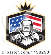 Poster, Art Print Of Retro Welder Worker In An American Flag Shield With A Crown
