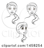 Clipart Of A Black And White Set Of Female Faces With Brown Eyes Royalty Free Vector Illustration