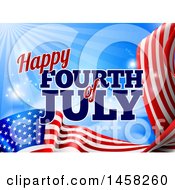 Poster, Art Print Of 3d American Flag And Fourth Of July Text Over Blue Sky With Flares