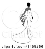 Clipart Of A Silhouetted Black And White Bride Holding A Bouquet Royalty Free Vector Illustration