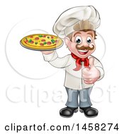 Poster, Art Print Of Cartoon Happy White Male Chef Holding A Pizza And Giving A Thumb Up