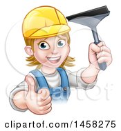 Poster, Art Print Of Cartoon Happy White Female Window Cleaner In Blue Giving A Thumb Up And Holding A Squeegee