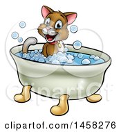 Poster, Art Print Of Cartoon Happy Brown Cat Sitting In A Bath Tub