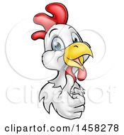 Poster, Art Print Of Happy White And Brown Chicken Or Rooster Giving A Thumb Up Around A Sign