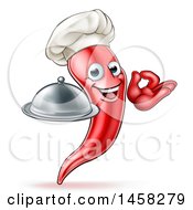 Clipart Of A Cartoon Spicy Hot Red Chili Pepper Chef Mascot Holding A Cloche And Gesturing Ok Royalty Free Vector Illustration