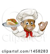Poster, Art Print Of Cartoon Black Male Chef Holding A Souvlaki Kebab Sandwich On A Tray And Gesturing Perfect