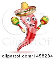 Clipart Of A Cartoon Spicy Hot Red Chili Pepper Mascot Wearing A Sombrero And Shaking Mexican Maracas Royalty Free Vector Illustration