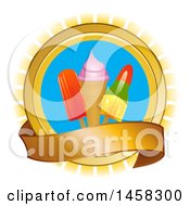Poster, Art Print Of Circle With Popsicles And Ice Cream Over Rays With A Banner