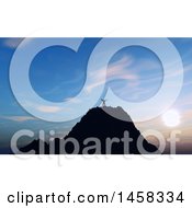 Clipart Of A 3d Silhouetted Man Holding Out His Arms On A Mountain Top Against A Sunrise Or Sunset Sky Royalty Free Illustration