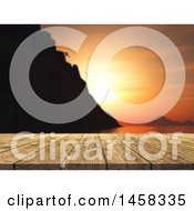 Poster, Art Print Of 3d Wood Table Against A Blurred Mountain Climber And Ocean Sunset