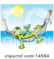 Poster, Art Print Of Green Gecko Relaxing In A Hammock Suspended On Two Sticks And Holding A Blue Alcoholic Beverage In A Glass While On Vacation In Hawaii On A Hot Sunny Day