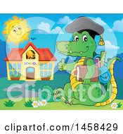 Poster, Art Print Of Crocodile Student Giving A Thumb Up By A School Building