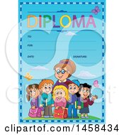 Poster, Art Print Of School Diploma Design With Children And A Teacher