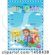 Poster, Art Print Of School Diploma Design With Children Flying On A Pencil