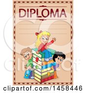 Poster, Art Print Of School Diploma Design With Children And A Stack Of Books