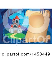 Clipart Of A Parchment Scroll In A Cave Near A Castle Royalty Free Vector Illustration