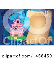 Clipart Of A Parchment Scroll In A Cave Near A Pink Castle Royalty Free Vector Illustration