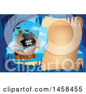 Clipart Of A Parchment Scroll In A Cave Near A Pirate Ship Royalty Free Vector Illustration