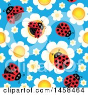 Poster, Art Print Of Seamless Background Of Ladybugs On Flowers Against Blue