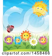 Clipart Of A Ladybug Flying Over Happy Flowers Against A Blue Spring Sky And Sun Royalty Free Vector Illustration