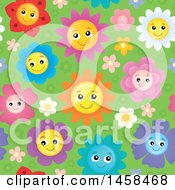 Poster, Art Print Of Seamless Background Of Happy Smiling Flowers On Green