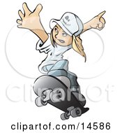 Blond Skater Boy In A White T Shirt Blue Jeans And A Baseball Cap Holding His Arms Up While Catching Air And Skateboarding