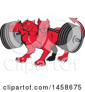 Cartoon Red Three Headed Cerberus Devil Dog Hellhound Monster With A Heavy Barbell
