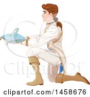 Clipart Of A Kneeling Prince Holding Cinderellas Glass Slipper On A Pillow Royalty Free Vector Illustration by Pushkin