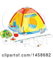 Poster, Art Print Of Cartoon Tent With Camp And Fishing Gear