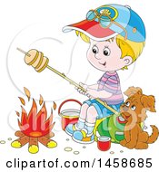Poster, Art Print Of Cartoon Happy Blond White Boy And Puppy Roasting Bread By A Camp Fire