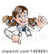 Poster, Art Print Of Cartoon Friendly Male Veterinarian Waving And Pointing Down Over A Sign With A Cat And Dog Behind Him