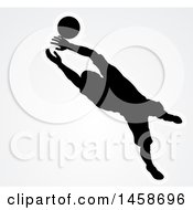 Poster, Art Print Of Black Silhouetted Goal Keeper Soccer Player Blocking The Ball Over Gray