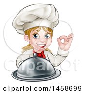 Poster, Art Print Of Cartoon Happy White Female Chef Holding A Cloche Platter And Gesturing Ok