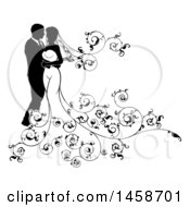 Clipart Of A Silhouetted Posing Wedding Bride And Groom Royalty Free Vector Illustration