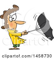 Cartoon Caucasian Woman Trying To Hold Onto An Umbrella On A Windy Day