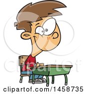Poster, Art Print Of Cartoon Happy Caucasian Boy Sitting At His School Desk