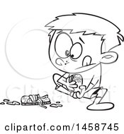 Poster, Art Print Of Cartoon Lineart Boy Pulling Off His Muddy Shoes