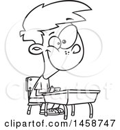 Clipart Of A Cartoon Outline Happy Boy Sitting At His School Desk Royalty Free Vector Illustration